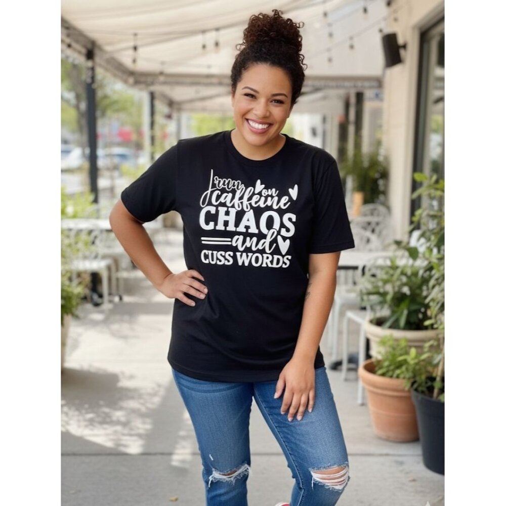 Boutique Heavy Cotton T-Shirt "Run On Caffeine Chaos & Cuss Words" 2XL Black Hum